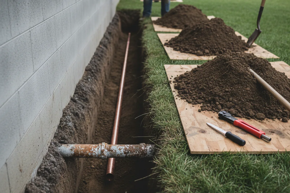 Excavated water line trench during Sewer Line Repair in Menasha